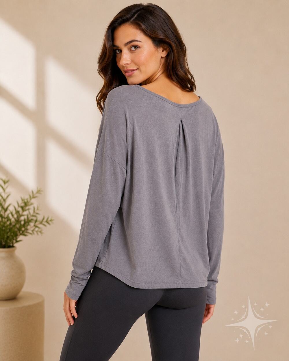 Fabletics Gray Long Sleeve Open Back Top Size L Athleisure Relaxed Soft Stretch